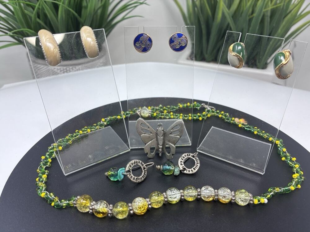 Vintage Mixed Jewelry Lot Earrings Necklaces Butterfly Brooch Beaded Glass Boho